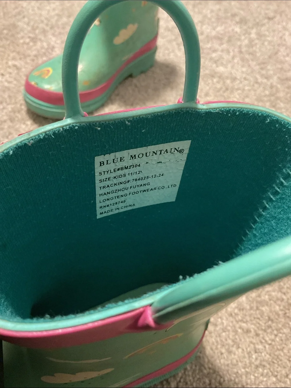 Kids Unicorn Rain Boots in Teal with Pink Trim